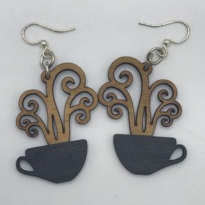 Coffee Cups Drop Earrings Green Tree Jewelry Black and Tan New